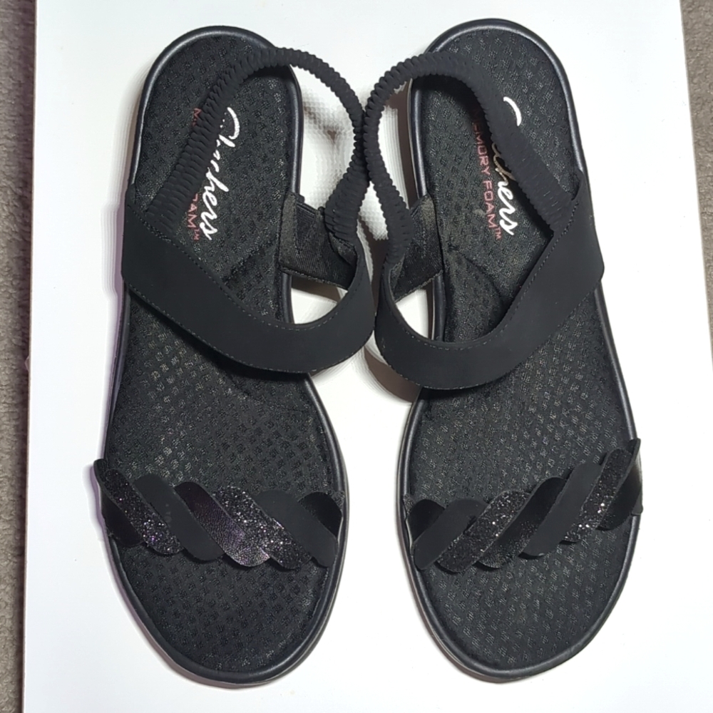 Skechers Black Strappy Wedge Sandals with Glittery Criss-cross Toe-Strap